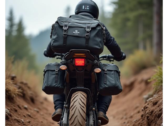 Rugged, waterproof saddlebags on an adventure motorcycle in a muddy terrain.