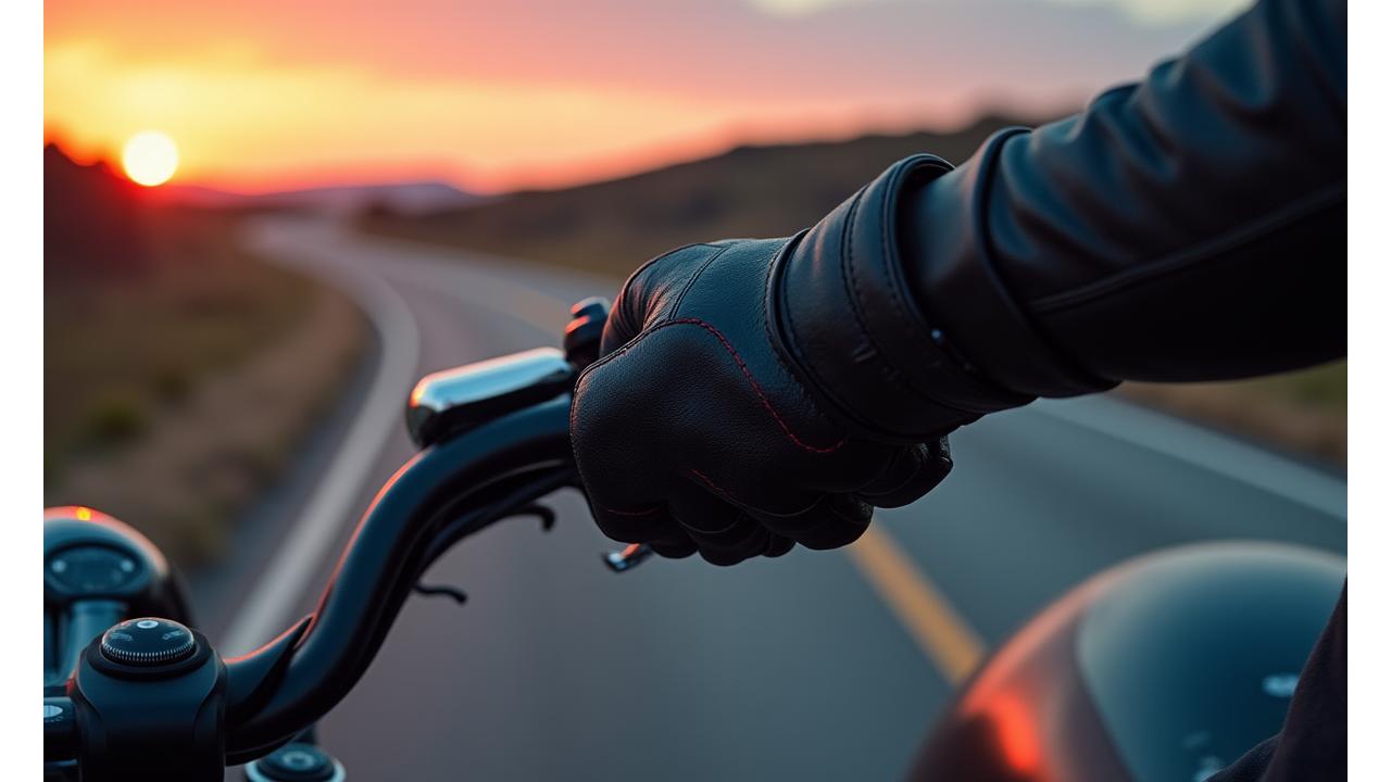 Close-up of a gloved hand firmly gripping motorcycle handlebars on an open road.