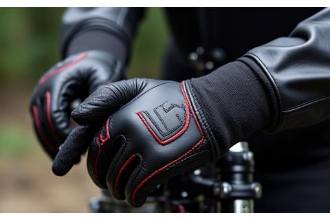 Close-up of hands wearing custom fitted black leather motorcycle gloves with red stitching