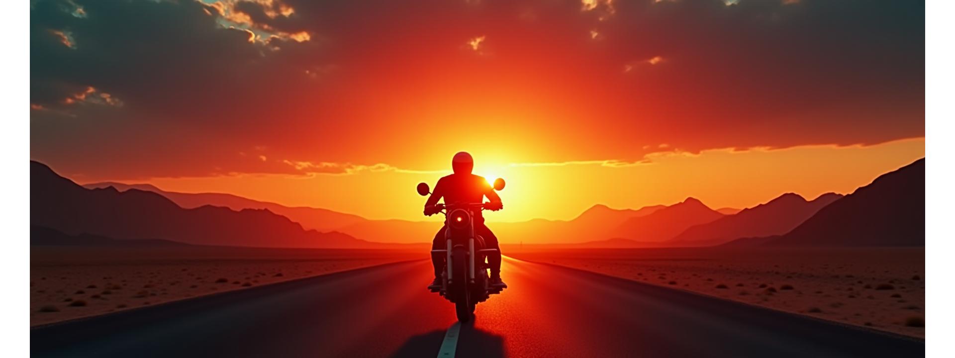 Motorcycle rider on a open road at sunset, silhouette